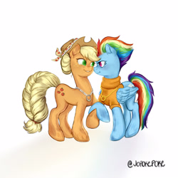 Size: 1600x1600 | Tagged: safe, artist:jopokepoke, derpibooru import, applejack, rainbow dash, earth pony, pegasus, pony, the last problem, appledash, braided tail, close together, clothes, engagement ring, female, folded wings, gold, hair bun, holding hooves, jewelry, lesbian, looking at each other, necklace, older, older applejack, older rainbow dash, ring, shipping, silver, smiling, standing, sweater, turtleneck, wedding ring, wings