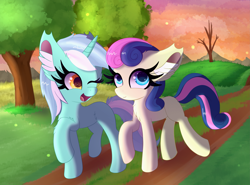 Size: 6997x5184 | Tagged: safe, artist:windykirin, derpibooru import, bon bon, lyra heartstrings, sweetie drops, earth pony, pony, unicorn, absurd resolution, evening, female, grass, lesbian, lyrabon, mare, shipping, tree, walking