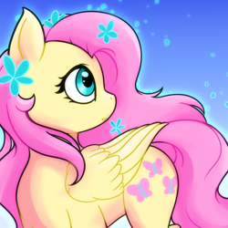 Size: 1080x1080 | Tagged: safe, artist:kufguh, derpibooru import, fluttershy, pegasus, pony, cute, daaaaaaaaaaaw, female, flower, flower in hair, looking back, mare, profile, shyabetes, solo