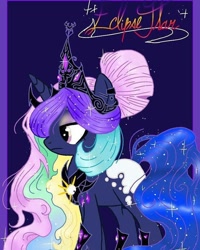 Size: 640x800 | Tagged: safe, alternate version, artist:_goddesskatie_, derpibooru import, princess celestia, princess luna, pony, unicorn, base used, eyelashes, female, frown, fusion, hoof shoes, horn, jewelry, mare, peytral, tiara, wings