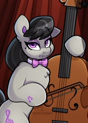 Size: 1500x2100 | Tagged: safe, artist:shyshyoctavia, derpibooru import, octavia melody, earth pony, pony, bow (instrument), cello, chest fluff, ear fluff, ears, eyeshadow, female, hoof hold, looking at you, makeup, mare, musical instrument, solo