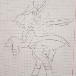 Size: 1440x1440 | Tagged: safe, artist:agdapl, derpibooru import, pony, unicorn, boots, clothes, glowing horn, graph paper, gritted teeth, gun, horn, lineart, looking back, magic, male, nurse, ponified, rearing, shoes, shotgun, signature, simple background, solo, stallion, team fortress 2, telekinesis, traditional art, weapon