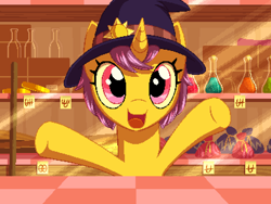 Size: 800x600 | Tagged: safe, artist:rangelost, derpibooru import, oc, oc only, pony, unicorn, bust, cyoa:d20 pony, female, flask, hat, looking at you, mare, shop, smiling, witch hat