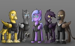 Size: 4000x2444 | Tagged: safe, artist:somber, derpibooru import, oc, oc only, oc:contrail flyer, oc:double aught, oc:dr. horse, oc:golden flash, oc:soot, griffon, pegasus, pony, fallout equestria, armor, clothes, female, griffon oc, group, group photo, high res, male, mare, pegasus oc, pen and paper rpg