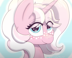 Size: 3436x2776 | Tagged: safe, artist:marshmallowfluff, derpibooru import, oc, oc only, oc:marshmallow fluff, pony, unicorn, bust, female, freckles, high res, horn, mare, portrait, solo, unicorn oc