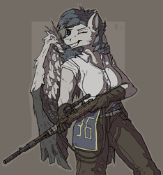 Size: 776x830 | Tagged: safe, artist:alexandrys, derpibooru import, anthro, pegasus, cigarette, fallout, female, gun, military, raider, rifle, sniper rifle, solo, weapon