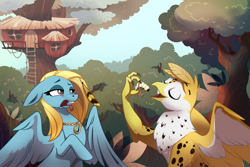 Size: 2239x1500 | Tagged: safe, artist:28gooddays, derpibooru import, oc, oc:beaky, oc:brave blossom, griffon, pegasus, pony, fanfic:yellow feathers, disgusted, duo, female, griffon oc, jewelry, male, mother and child, mother and son, necklace, parent and child, tree, treehouse, varying degrees of want