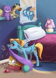 Size: 1500x2090 | Tagged: safe, artist:28gooddays, derpibooru import, fleetfoot, soarin', spitfire, oc, oc:beaky, oc:brave blossom, griffon, pegasus, pony, fanfic:yellow feathers, bed, chickub, duo, female, griffon oc, male, mare, mother and child, mother and son, parent and child, stuffed animals, wonderbolts, yarn, yarn ball