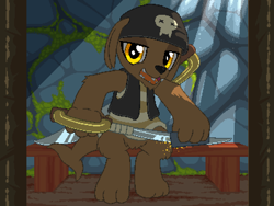 Size: 800x600 | Tagged: safe, artist:rangelost, derpibooru import, oc, oc only, dog, hybrid, chair, cyoa:d20 pony, looking at you, pirate, solo, sword, weapon