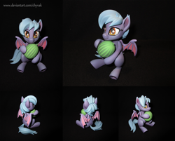 Size: 4387x3522 | Tagged: safe, artist:chyvak, derpibooru import, oc, oc:little mine, bat pony, bat pony oc, black background, craft, female, food, freckles, looking at you, photo, sculpture, simple background, smiling, solo, watermelon, wings