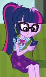 Size: 357x601 | Tagged: safe, derpibooru import, screencap, sci-twi, twilight sparkle, better together, equestria girls, text support, text support: sunset shimmer, cropped, solo