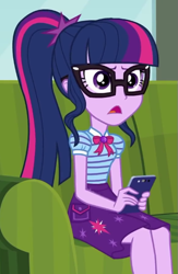 Size: 385x590 | Tagged: safe, derpibooru import, screencap, sci-twi, twilight sparkle, better together, equestria girls, text support, text support: sunset shimmer, cropped, solo