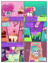 Size: 612x802 | Tagged: safe, artist:winged cat, derpibooru import, edit, edited screencap, screencap, pinkie pie, princess celestia, rainbow dash, twilight sparkle, twilight sparkle (alicorn), alicorn, earth pony, pegasus, pony, collaboration, comic:friendship is dragons, my little pony: pony life, princess probz, cake, comic, crown, dialogue, eyelashes, eyes closed, female, food, hoof shoes, jewelry, mare, regalia, screencap comic, sitting, smiling, smirk, trotting, unshorn fetlocks