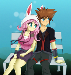 Size: 1959x2063 | Tagged: safe, artist:kamushek228, derpibooru import, fluttershy, fanfic:kingdom hearts of harmony, breasts, commission, hootershy, kingdom hearts, shipping, sora, video game