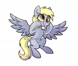 Size: 1750x1500 | Tagged: safe, artist:handgunboi, derpibooru import, derpy hooves, pegasus, pony, :p, female, mare, palindrome get, signature, simple background, solo, spread wings, tongue, tongue out, white background, wings