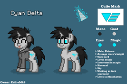 Size: 3150x2100 | Tagged: safe, artist:eddiemk9, derpibooru import, oc, oc only, oc:cyan delta, pony, unicorn, :p, blue background, clothes, cute, cutie mark, headphones, hoodie, male, original character do not steal, pony town, reference sheet, simple background, smiling, stallion, tongue, tongue out