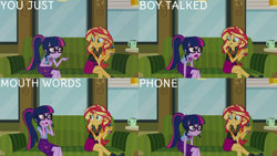 Size: 1280x720 | Tagged: safe, derpibooru import, edit, edited screencap, editor:quoterific, screencap, sci-twi, sunset shimmer, twilight sparkle, better together, equestria girls, text support, text support: sunset shimmer, bowtie, clothes, cutie mark, cutie mark on clothes, duo, duo female, female, geode of empathy, geode of telekinesis, glasses, jacket, jewelry, leather, leather jacket, magical geodes, necklace, open mouth, ponytail