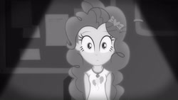 Size: 3410x1920 | Tagged: safe, derpibooru import, screencap, pinkie pie, better together, equestria girls, rarity investigates: the case of the bedazzled boot, black and white, clothes, cutie mark, cutie mark on clothes, female, geode of sugar bombs, grayscale, jewelry, magical geodes, monochrome, necklace, rarity investigates (eqg): pinkie pie, solo, tanktop