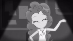 Size: 3410x1920 | Tagged: safe, derpibooru import, screencap, pinkie pie, better together, equestria girls, rarity investigates: the case of the bedazzled boot, black and white, clothes, cutie mark, cutie mark on clothes, eyes closed, female, geode of sugar bombs, grayscale, jewelry, magical geodes, monochrome, necklace, rarity investigates (eqg): pinkie pie, solo, tanktop