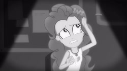 Size: 3410x1920 | Tagged: safe, derpibooru import, screencap, pinkie pie, better together, equestria girls, rarity investigates: the case of the bedazzled boot, black and white, clothes, cutie mark, cutie mark on clothes, female, geode of sugar bombs, grayscale, jewelry, looking up, magical geodes, monochrome, necklace, rarity investigates (eqg): pinkie pie, solo, tanktop