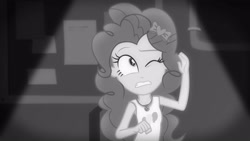 Size: 3410x1920 | Tagged: safe, derpibooru import, screencap, pinkie pie, better together, equestria girls, rarity investigates: the case of the bedazzled boot, black and white, clothes, cutie mark, cutie mark on clothes, female, geode of sugar bombs, grayscale, jewelry, magical geodes, monochrome, necklace, noire, one eye closed, rarity investigates (eqg): pinkie pie, solo, tanktop