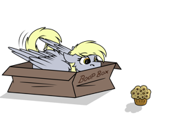 Size: 1152x821 | Tagged: safe, artist:rokosmith26, derpibooru import, part of a series, part of a set, derpy hooves, pegasus, pony, behaving like a cat, boop box, box, butt fluff, cheek fluff, commission, ears, eyes on the prize, female, floppy ears, fluffy, food, if i fits i sits, imminent pounce, looking at something, lying down, mare, muffin, pony in a box, roko's hunting ponies, simple background, solo, tail, text, transparent background, wings, ych result