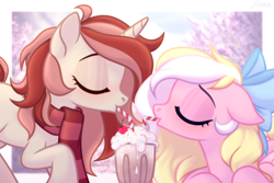 Size: 3000x2000 | Tagged: safe, artist:sparkling_light, derpibooru import, oc, oc only, oc:bay breeze, oc:red palette, pegasus, pony, unicorn, blushing, bow, clothes, cute, eyes closed, female, hair bow, lesbian, mare, milkshake, scarf, sharing a drink, shipping