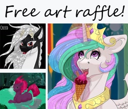 Size: 1280x1097 | Tagged: safe, artist:creed larsen, derpibooru import, princess celestia, tempest shadow, oc, alicorn, original species, pony, unicorn, advertisement, art raffle, collage, twitter link