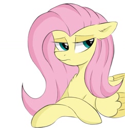 Size: 1143x1173 | Tagged: safe, alternate version, artist:kusturbrick, derpibooru import, fluttershy, pegasus, bust, chest fluff, crossed hooves, cute, ears, female, floppy ears, fluttershy is not amused, folded wings, looking back, lying down, mare, portrait, shyabetes, simple background, solo, three quarter view, unamused, white background, wings
