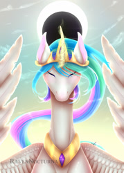 Size: 1024x1434 | Tagged: safe, artist:ravennocturna, derpibooru import, princess celestia, alicorn, pony, bust, eclipse, eyes closed, female, glowing horn, horn, mare, solo, spread wings, wings