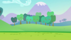 Size: 1280x720 | Tagged: safe, derpibooru import, screencap, the mane attraction, apple, apple tree, background, day, hill, mountain, no pony, scenic ponyville, tree