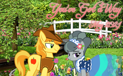 Size: 2064x1279 | Tagged: safe, anonymous artist, derpibooru import, braeburn, marble pie, earth pony, boutonnière, braeble, clothes, cowboy hat, dress, female, flower, flower in hair, garden, hat, lyrics in the description, male, shipping, shirt, smiling, song reference, spring, straight, youtube link in the description