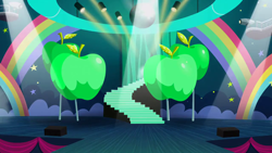 Size: 1280x720 | Tagged: safe, derpibooru import, screencap, the mane attraction, apple, background, disco ball, food, no pony, projector, rainbow, scene, scenic ponyville, stairs