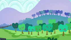 Size: 1280x720 | Tagged: safe, derpibooru import, screencap, the mane attraction, apple, apple tree, background, cloud, day, hill, mountain, no pony, scenery, scenic ponyville, tree