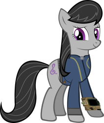 Size: 1600x1886 | Tagged: safe, artist:datbrass, artist:ponygamer2020, derpibooru import, octavia melody, earth pony, pony, fallout equestria, clothes, cute, fallout, female, happy, jumpsuit, looking at you, mare, pipboy, simple background, solo, transparent background, vault suit, vector