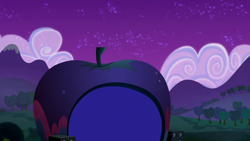 Size: 1280x720 | Tagged: safe, derpibooru import, screencap, the mane attraction, apple, apple tree, background, cloud, hill, night, no pony, scene, scenic ponyville, tree