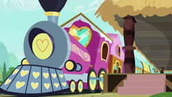 Size: 1280x720 | Tagged: safe, derpibooru import, screencap, surf and/or turf, background, day, friendship express, no pony, ponyville, ponyville train station, scenic ponyville, train, train station