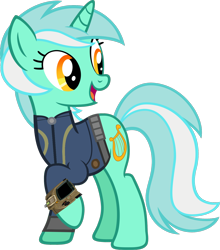 Size: 1280x1457 | Tagged: safe, artist:moongazeponies, artist:ponygamer2020, derpibooru import, lyra heartstrings, pony, unicorn, fallout equestria, clothes, fallout, female, jumpsuit, open mouth, pipboy, raised hoof, raised leg, simple background, solo, transparent background, vault suit, vector