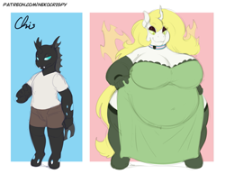 Size: 1155x892 | Tagged: safe, artist:nekocrispy, derpibooru import, oc, oc:aurora industry (ic), anthro, arthropod, changeling, belly, big belly, big breasts, breasts, chunkling, clothes, collar, dress, equine, fat, female, flag, green eyes, huge breasts, male to female, morbidly obese, obese, pride, pride flag, rule 63, simple background, trans female, transgender, transgender pride flag, transition, weight gain, white changeling, wide hips