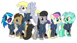 Size: 5360x3008 | Tagged: safe, artist:datbrass, artist:misterlolrus, artist:moongazeponies, artist:ponygamer2020, artist:silentmatten, derpibooru import, bon bon, derpy hooves, dj pon-3, doctor whooves, lyra heartstrings, octavia melody, sweetie drops, vinyl scratch, earth pony, pegasus, pony, unicorn, fallout equestria, background six, clothes, fallout, female, happy, hooves, horn, jumpsuit, looking at you, male, mare, open mouth, pipboy, raised hoof, raised leg, smiling, stallion, sunglasses, teeth, vault suit, vector, wings