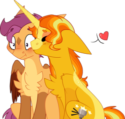 Size: 1901x1820 | Tagged: safe, artist:rickysocks, derpibooru import, gilded lily, scootaloo, pony, chest fluff, female, heart, kiss on the cheek, kissing, lesbian, older, older gilded lily, older scootaloo, scootalily, shipping, simple background, transparent background