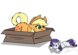 Size: 1152x821 | Tagged: safe, artist:rokosmith26, derpibooru import, part of a series, part of a set, applejack, rarity, earth pony, pony, bait, behaving like a cat, box, butt fluff, cheek fluff, commission, commissioner:raritybro, cowboy hat, cute, ears, eyes on the prize, female, floppy ears, fluffy, freckles, hat, if i fits i sits, imminent pounce, implied lesbian, implied rarijack, implied shipping, jackabetes, looking at something, lying down, mare, plushie, pony in a box, roko's hunting ponies, simple background, solo, string, tail, toy, transparent background, ych result