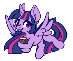 Size: 2042x1719 | Tagged: safe, artist:ruef, derpibooru import, twilight sparkle, twilight sparkle (alicorn), alicorn, pony, book, chest fluff, cute, ear fluff, ears, female, hoof hold, looking at you, mare, simple background, smiling, smiling at you, solo, spread wings, twiabetes, white background, wings