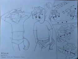 Size: 3961x3033 | Tagged: safe, artist:tolpain, oc, oc only, oc:peanut toffy, oc:raspberry toffy, anthro, angry, anthro oc, chibi, dialogue, dressing, female, filly, fraternal twins, frilly underwear, grossed out, mini comic, mistakes were made, panties, siblings, sisters, sketch, striped underwear, traditional art, twin sisters, twins, underwear swap, white underwear