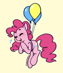 Size: 640x748 | Tagged: safe, artist:fewderpewders, derpibooru import, pinkie pie, earth pony, pony, balloon, cute, diapinkes, eyes closed, female, floating, heart, mare, open mouth, simple background, smiling, solo, then watch her balloons lift her up to the sky, yellow background