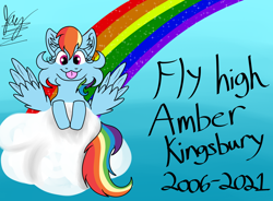 Size: 2034x1500 | Tagged: safe, artist:jay_wackal, derpibooru import, rainbow dash, pegasus, pony, :p, cheek fluff, cloud, ear fluff, ears, in memoriam, memorial, rainbow, rest in peace, solo, tongue, tongue out, tribute