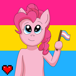 Size: 1000x1000 | Tagged: safe, artist:shycookieq, derpibooru import, pinkie pie, earth pony, pony, bust, commission, female, flag, headcanon, heart, hoof hold, lgbt headcanon, mare, pride, pride flag, sexuality headcanon, smiling, solo, transgender pride flag, ych result