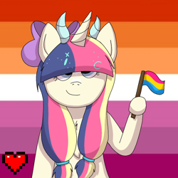 Size: 1000x1000 | Tagged: safe, artist:shycookieq, derpibooru import, oc, oc only, pony, unicorn, bust, commission, female, flag, heart, hoof hold, horn, lesbian pride flag, mare, pride, pride flag, smiling, solo, unicorn oc, ych result