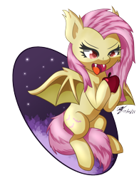 Size: 1200x1536 | Tagged: safe, artist:icy wings, derpibooru import, fluttershy, bat pony, apple, bat ponified, flutterbat, food, race swap, simple background, solo, tail between legs, transparent background