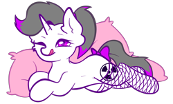 Size: 3456x2084 | Tagged: safe, artist:sb66, derpibooru import, oc, oc only, oc:hazel radiate, pony, unicorn, bow, commission, commissioner:biohazard, female, fishnet stockings, high res, highlights, horn, ionizing radiation warning symbol, licking, licking lips, looking at you, lying down, mare, one eye closed, pillow, ponytail, smiling, solo, tail bow, tongue, tongue out, unicorn oc, wink, ych result